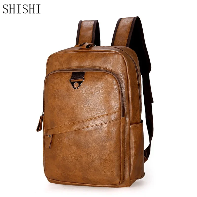 

High Quality PU Leather Men Large laptop Bag Vintage Male Travel Backpack Casual Student School bag For Teenagers