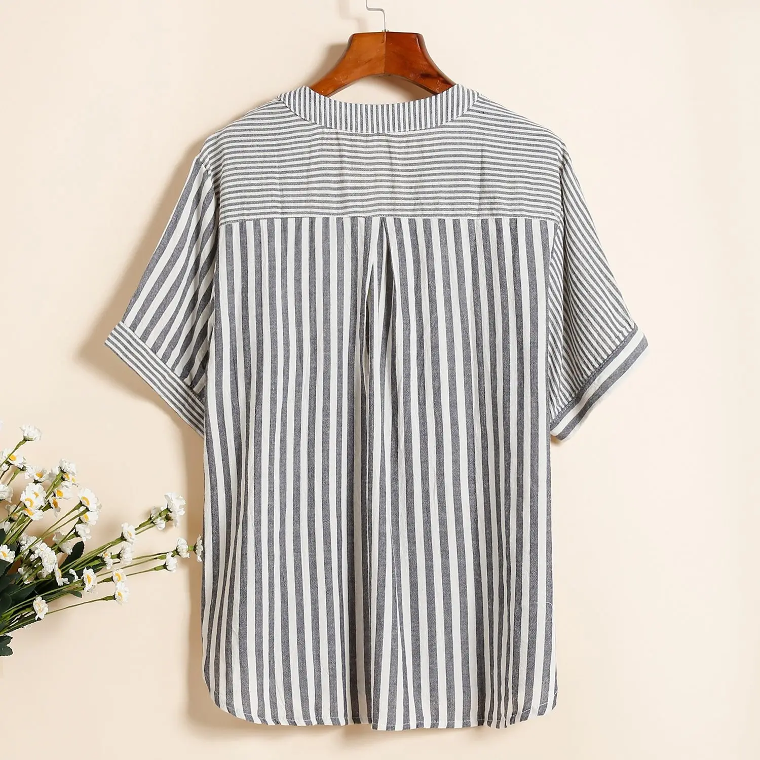 Casual Commute Female Striped Spliced V-Neck T-shirt Summer Women\'s Clothing Fashion Button Loose Short Sleeve Asymmetrical Tops