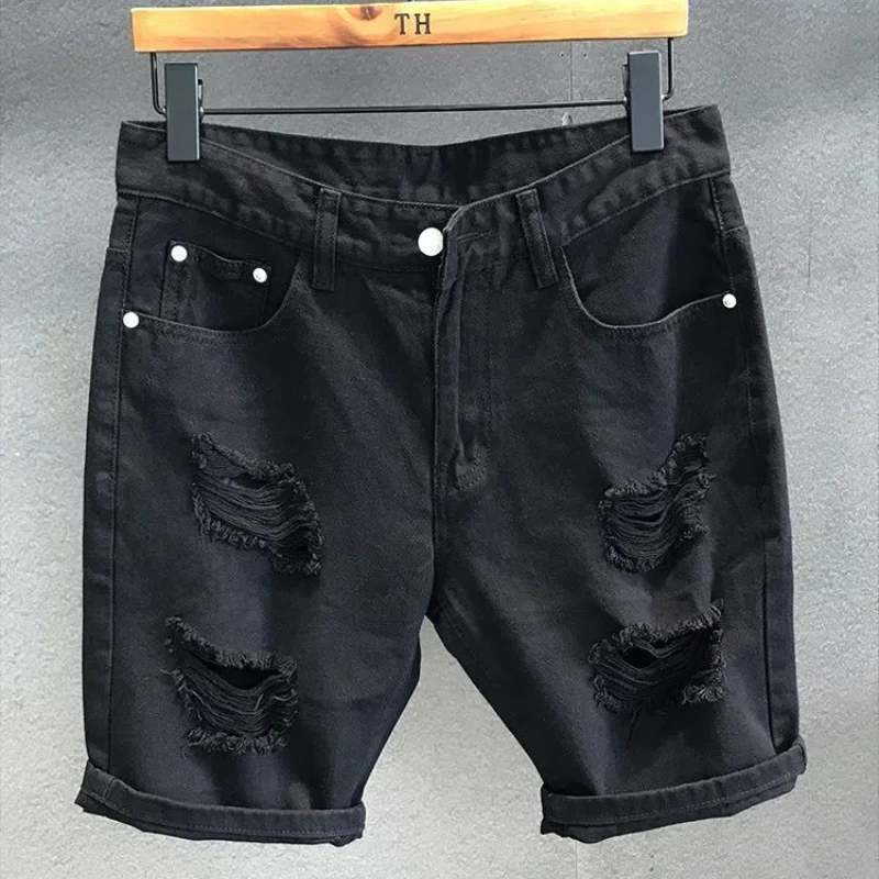 Young Style Fashion Summer Men\'s Solid Pocket Zipper Hole Trend Versatile High Street Slim Straight Knee Length Casual Shorts