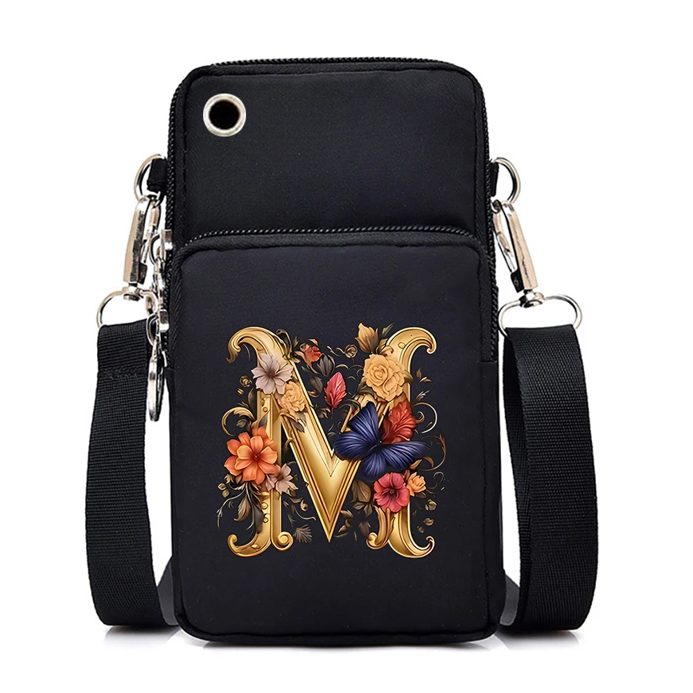 Women Small Crossbody Shoulder Bags Vintage Flower Alphabet Mobile Phone Bag Purse Soft Leather Strap Handbag Mini Messenger Bag