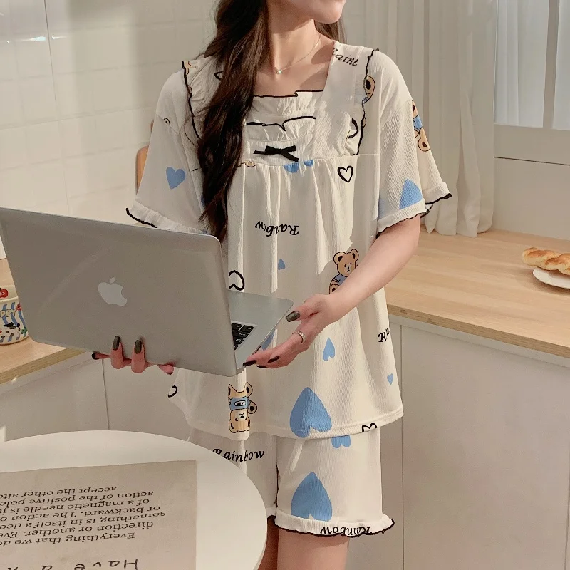 CHENGAISI Women's Nightgown Set Spring And Summer New Sleepwear Thin Print Pajama Suit Sweet Loungewear Home Casual Nightgwear