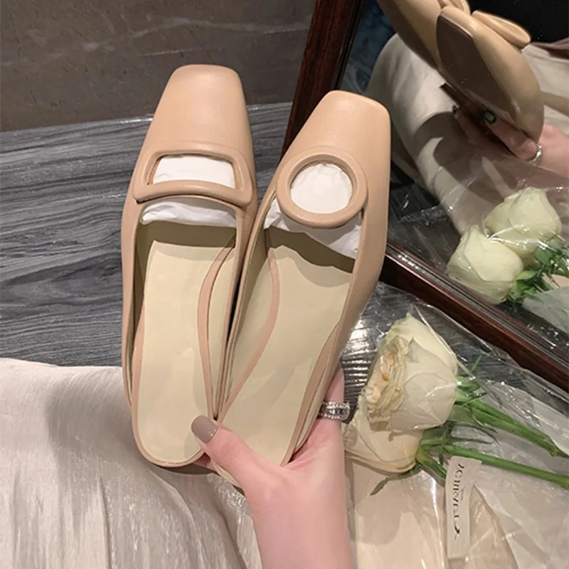 

Baotou Half Slippers Women's Summer Leather Versatile, Asymmetric Loop Buckle, Low Heel, Square Head Cool Slippers