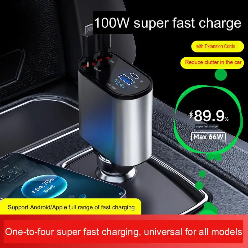 100W 4 IN 1 Retractable Car Charger USB Type C Cable For IPhone Fast Charge Cord Cigarette Lighter Adapter