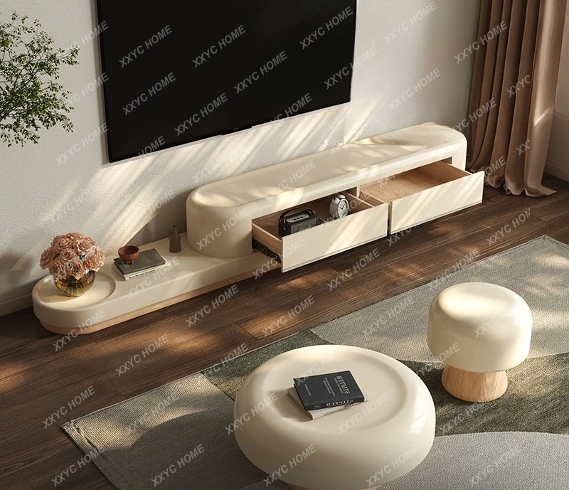 AAHigh-end French Cream Wind Solid Wood Retractable TV Cabinet Floor To Wall Hidden Socket Living Room Floor Cabinet