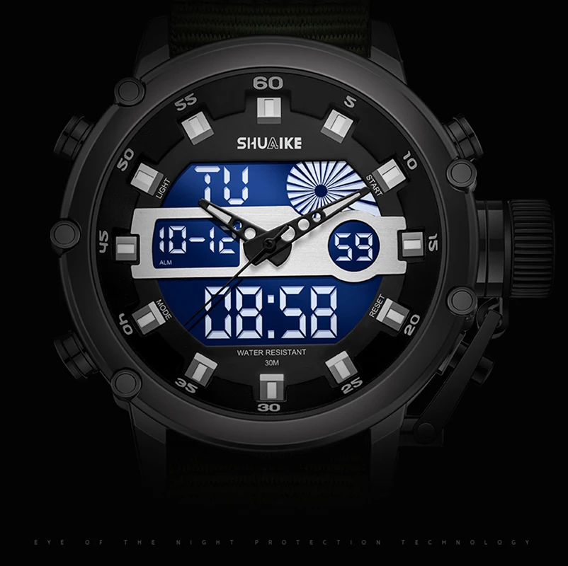 Reloj de cuarzo de negocios para hombre, reloj de cuarzo electrónico LED con pantalla Dual, reloj multifuncional resistente al agua, caja de aleación, correa de nailon