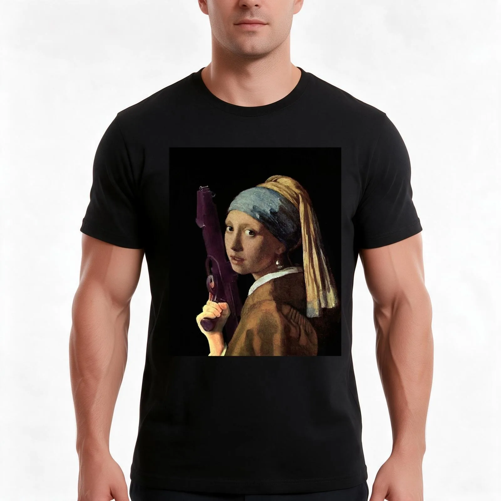 Girl with a Pearl Earring holding a Ray gun - Funny Vermeer mashup T-Shirt, Summer Casual Cotton Tee, Oversized Streetwear Tops