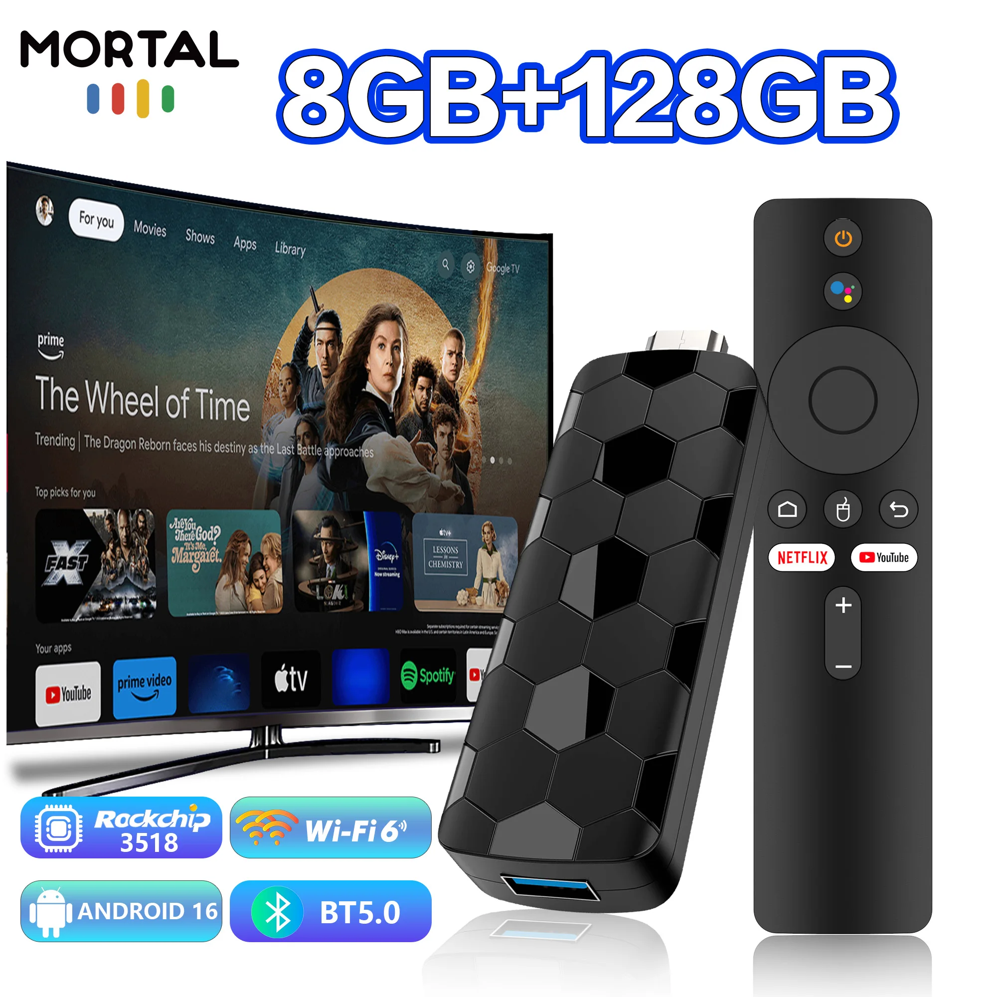 

Smart TV Stick R3+ Android 16 Google Voice Assistant 4K RK3518 8GB 128GB ROM Wi-Fi 2.4G/5.8G Беспроводная связь HDMI HDR10 OTA Медиаплеер