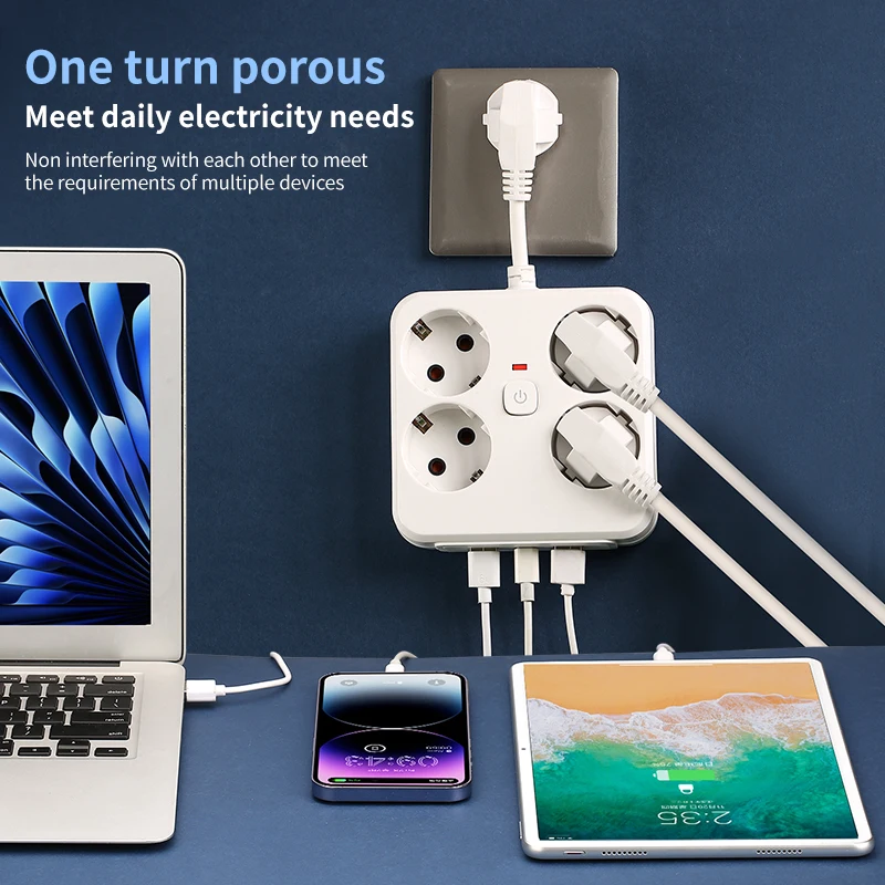 A power socket with flexible short wires designed for a master control switch, featuring 4 AC sockets, 2 USB ports, and 1 Type-C