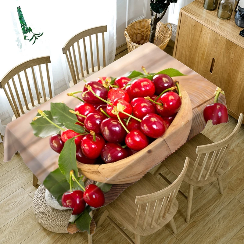 3d Red Cherry/Mango Fruit Pattern Tablecloth Thicken Washable Polyester Dustproof Rectangular Round Dining Table Table Cloth