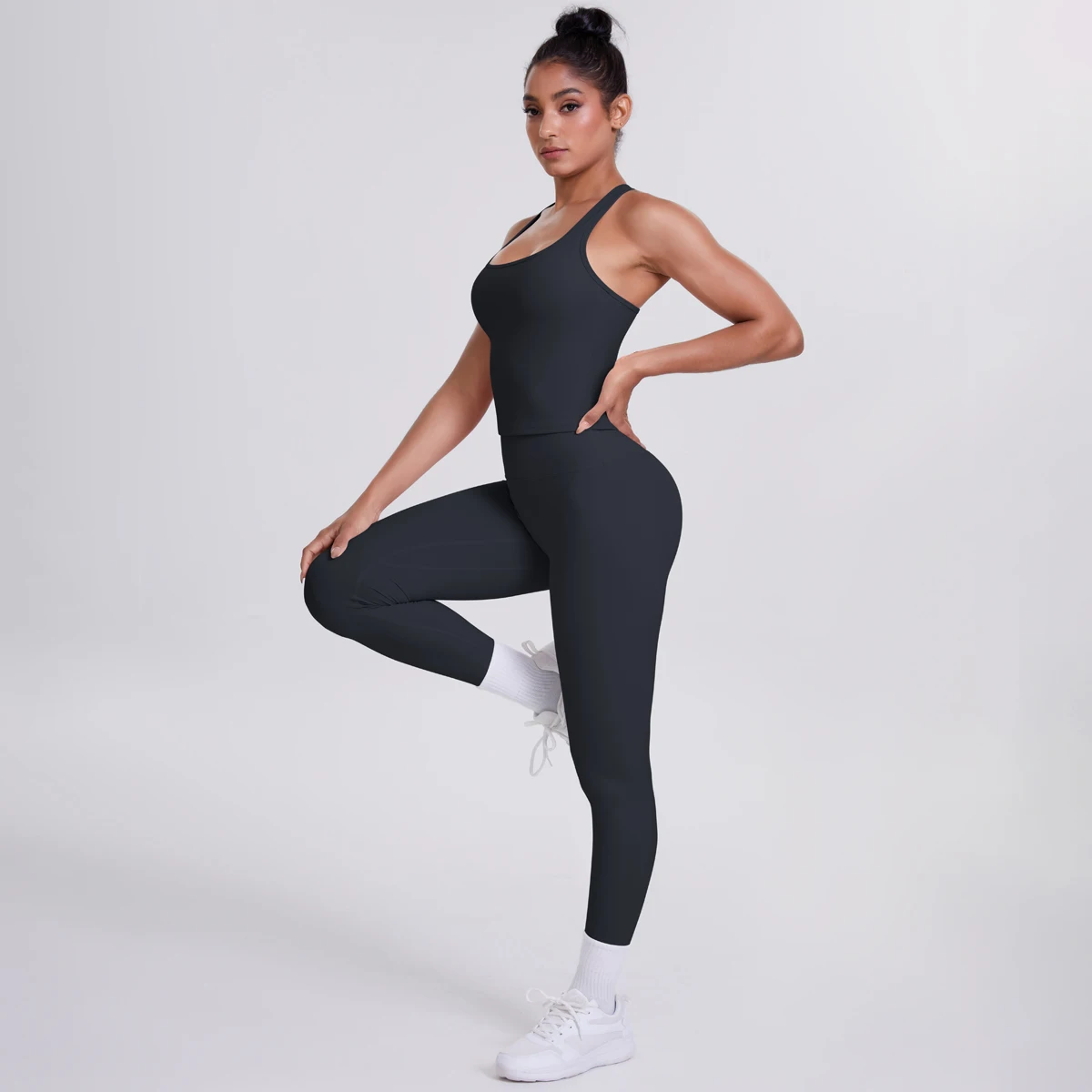 Hamidou 2-teiliges Damen-Yoga-Set, schnell trocknende, hüftformende Fitnesshose, Yoga-Leggings, einfarbig, Gym, schöner Rücken, I-förmige Weste – Detail 17