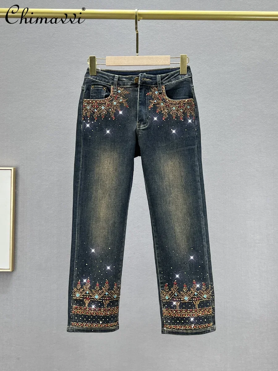 

Eight-point Denim Straight-leg Pants Women Autumn Clothes Fashion High Waist Slim Retro Embroidered Hot Diamond Elastic Pants