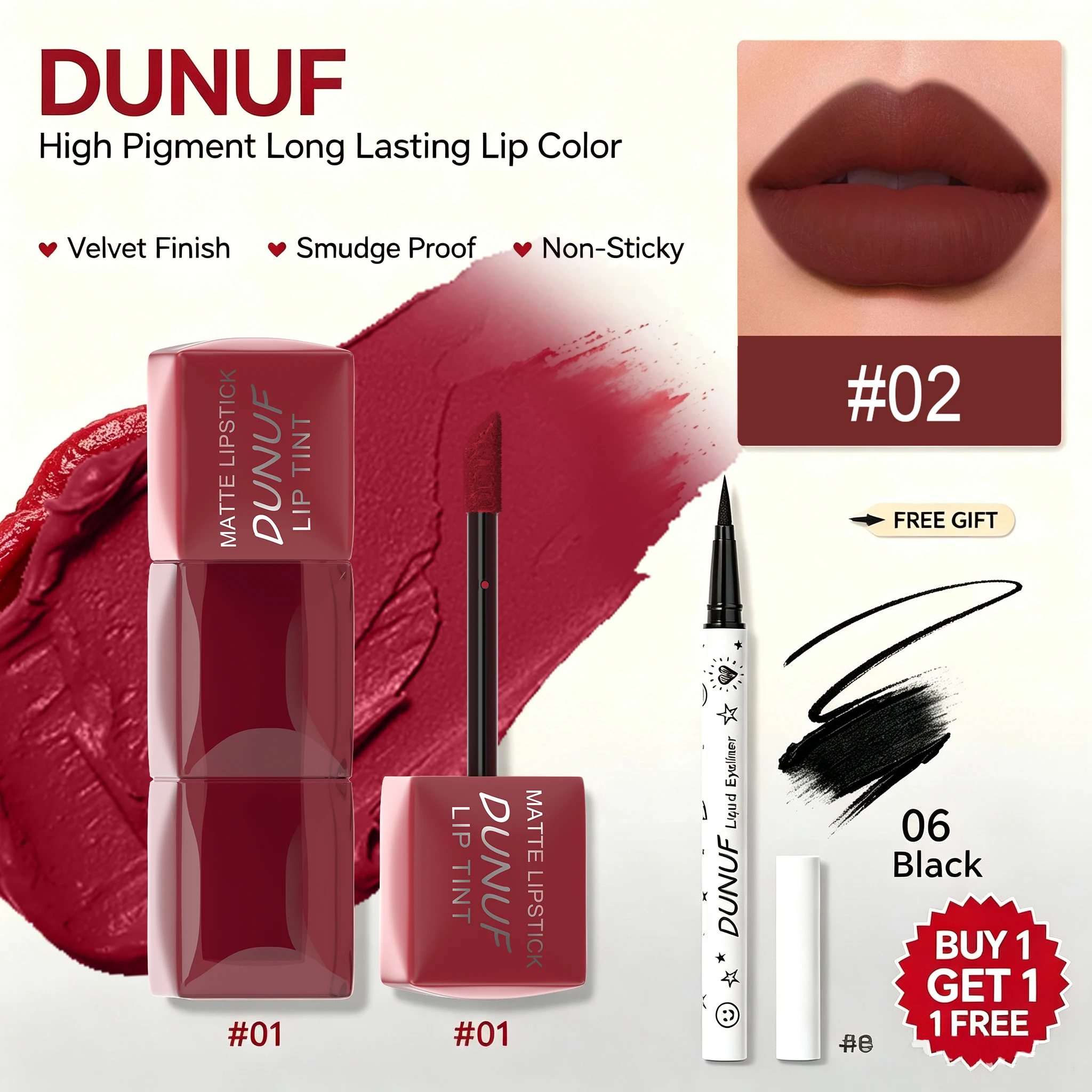 DUNUF Matte Velvet Lip Tint High Pigment Long Lasting Smudge Proof Waterproof Lip Gloss, Buy 1 Free Black Liquid Eyeliner Non-Sticky Transfer Resistant Lip Makeup Cosmetic Kit For Women Daily Party Makeup