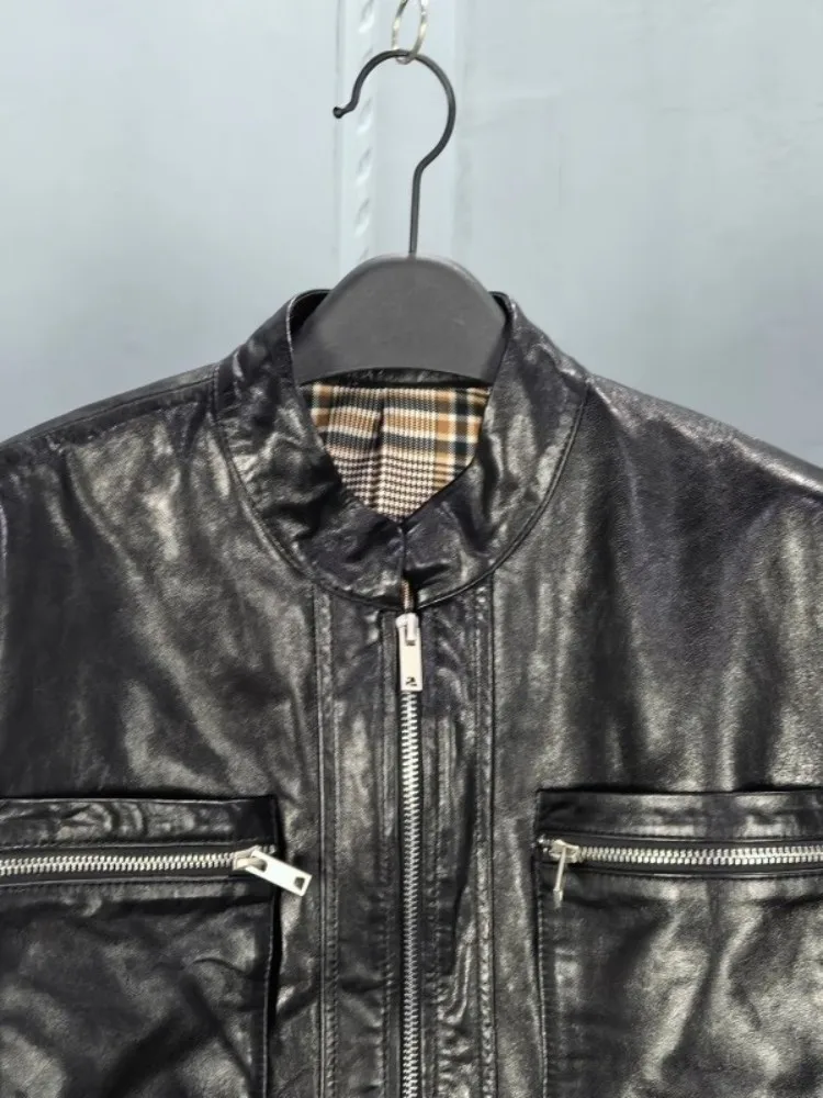 Giacca da motociclista in vera pelle da donna punk Colletto alla coreana primaverile Cappotto corto in pelle di pecora Manica lunga Streetwear Capispalla femminile