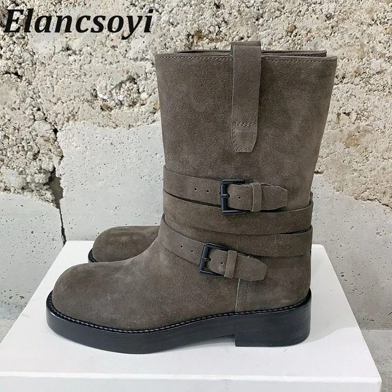 

Flat Thick Soled Round Toe Mid Calf Boots Women Cow Suede Belt Buckle Design Knight Boots Ladies Autumn Winter Vacation Shoes