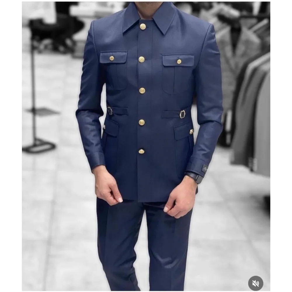 

Navy Blue Men Suits 2 Pcs Gold Button Tailored Made Slim Fit Clothing Wedding Party Groom Dress Safari Blazer Sets Costume Homme