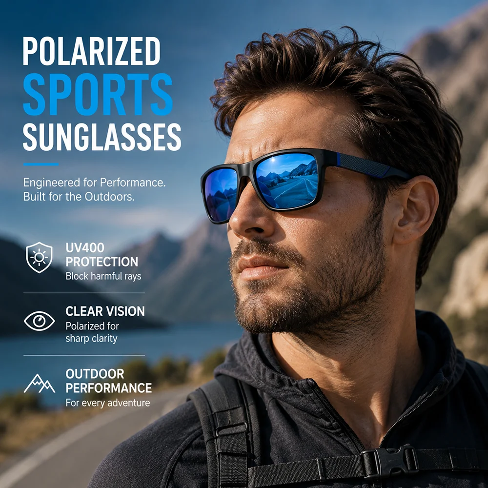 Unisex Square Polarized Sports Sunglasses, Frosted Frame & Particle Texture Legs, Anti-Glare for Fishing, Hiking & Beach