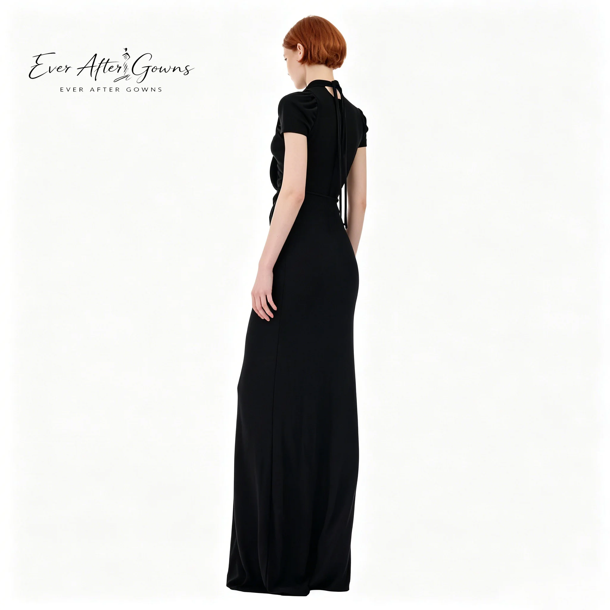 Ever After Gowns Women's Black High Neck Maxi Dress - Short Sleeve Keyhole Cutout with Knot Detail, High Slit Formal Evening Gow