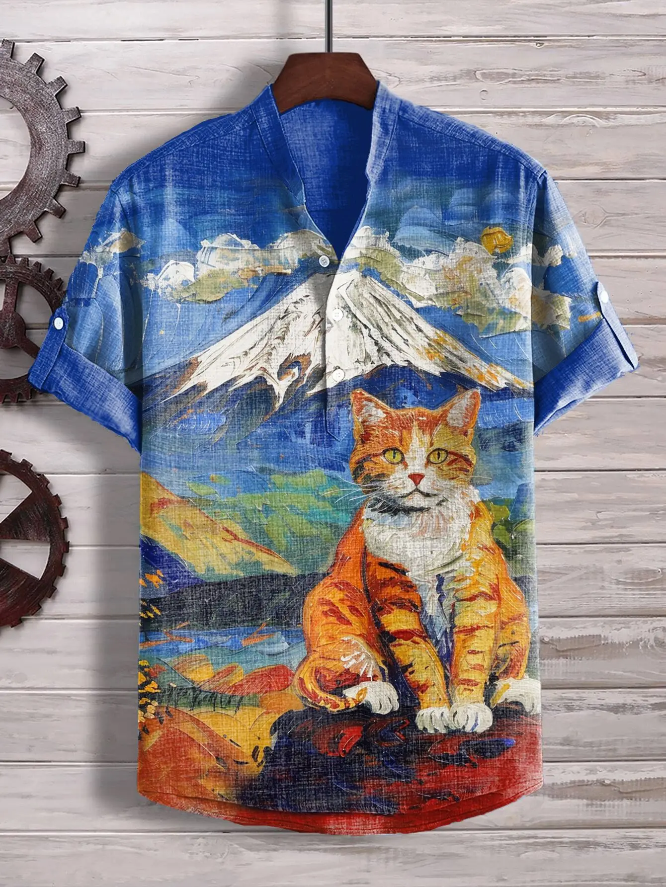 Men'sNew 3D Digital Heat Transfer Floral Animal landscape Picture Three-Button Stand Collar Short-Sleeved Shirt