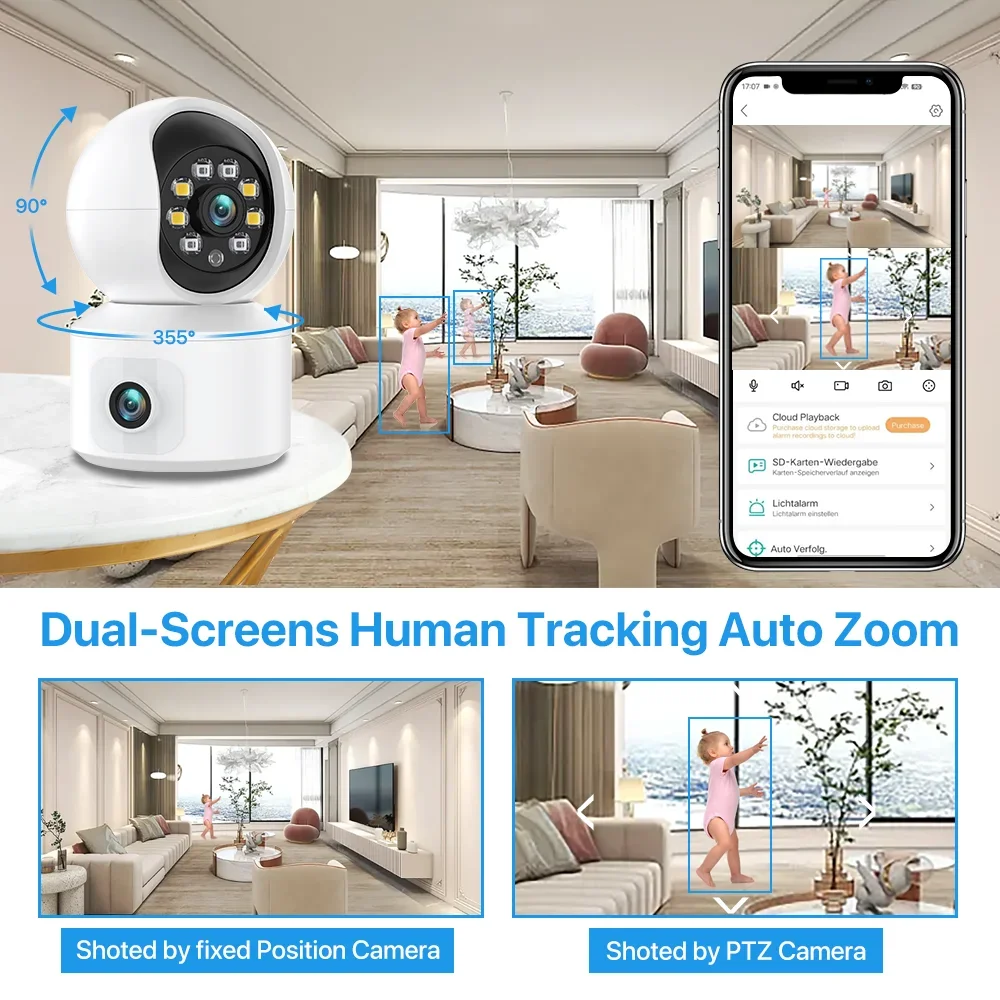 Imagem -03 - Indoor Câmera de Vigilância ip Baby And Pet Monitor Auto Tracking Dome Wireless Home Security Wi-fi Ptz P2p Icsee 6mp