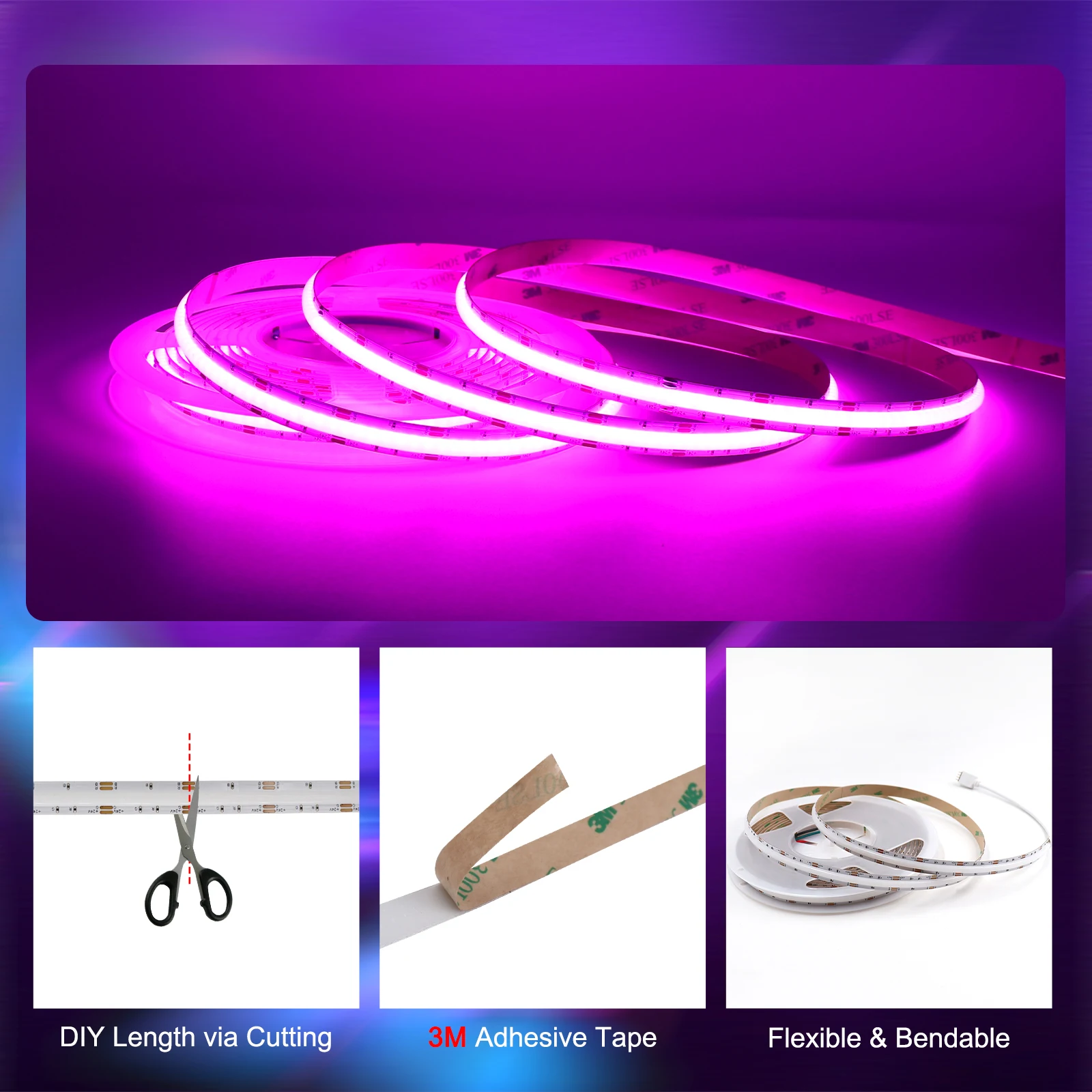 Imagem -05 - Flexível e Flexível Rgb Led Strip Lights Cob Ribbon Lamp Rgbw Cob Led Stripe Fita de Decoração para Decoração do Quarto 24v