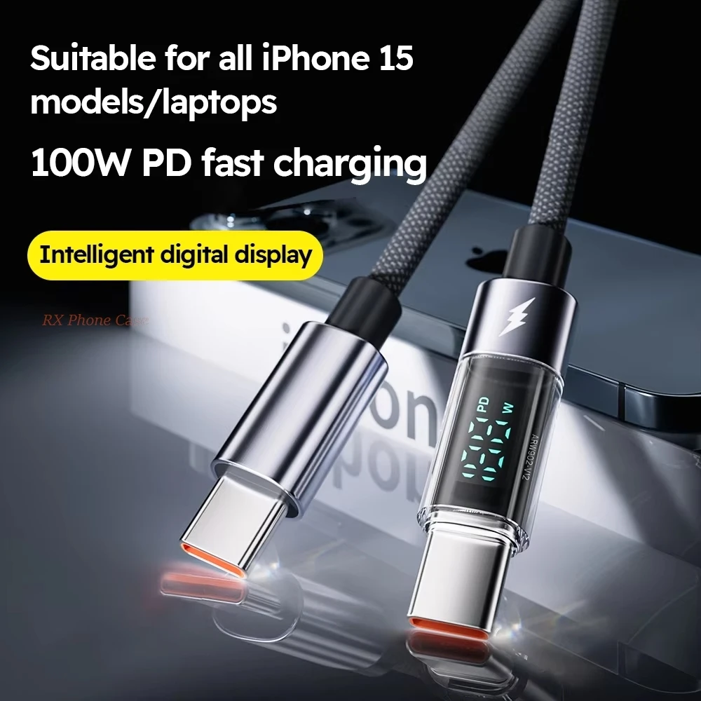 100W Transparent Digital Display Type C USB-C C-C Fast Charging Data Cable For iPhone Samsung Laptop Tablet New 2026