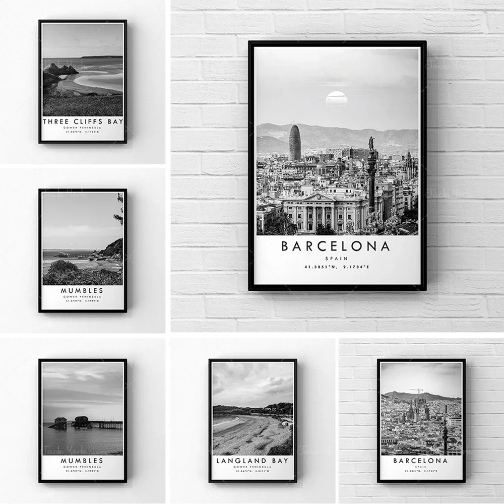 Barcelona Travel Print, Barcelona Poster, Unique Wallart Decor, Black and White Coordinates Home Decor, Spain Barcelona