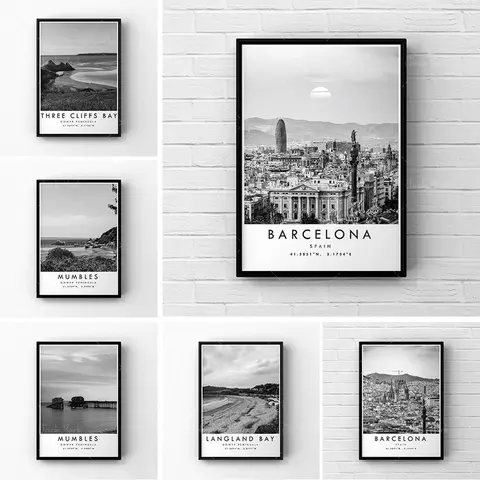 Barcelona Travel Print, Barcelona Poster, Unique Wallart Decor, Black and White Coordinates Home Decor, Spain Barcelona