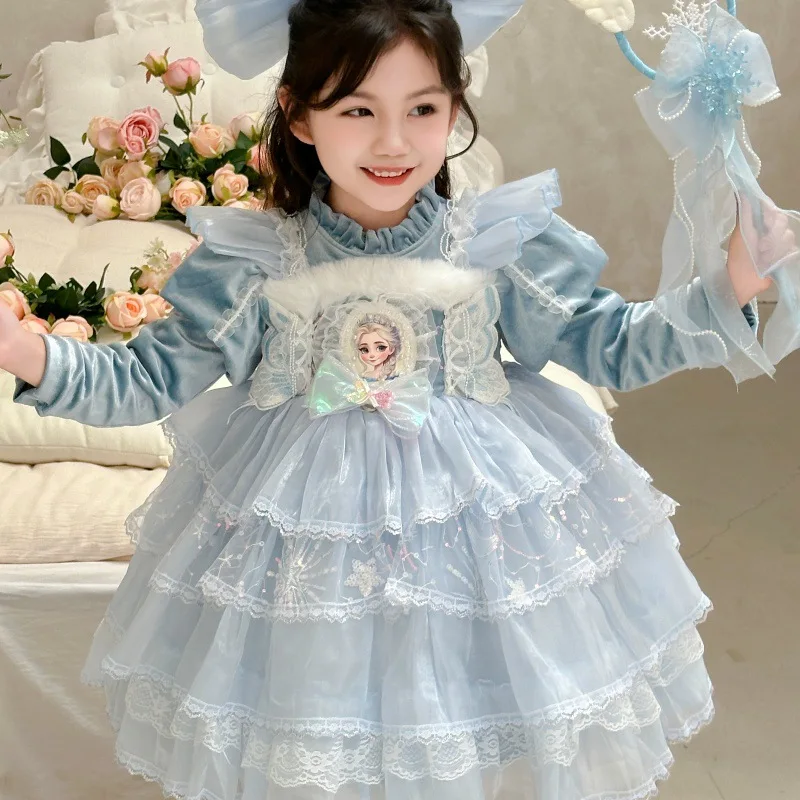 

Милое бархатное платье принцессы Эльзы Диснея для девочек с героями мультфильмов, новая мода 2026, платье для отдыха, зимнее платье принцессы из пряжи с изображением Эльзы, аниме