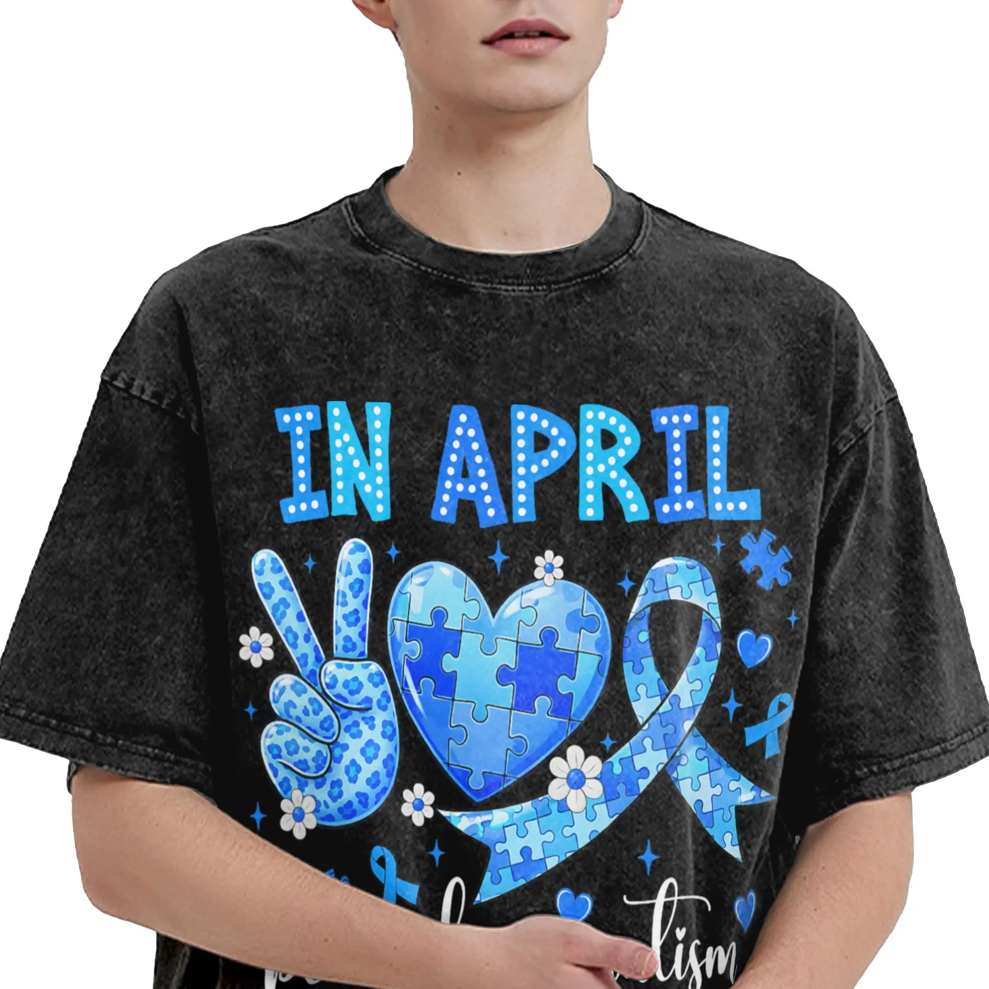 Men Women T-Shirt in April We Wear Blue Autism Awareness Washed T Shirts Fashion  Summer Casual Clothing New Arrival