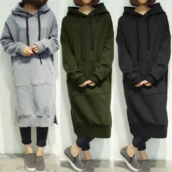 Women Hoodie Dress Autumn Winter Solid Color Casual Loose Long Sleeve Hooded Sweatshirts Pockets Female Long Hoodies