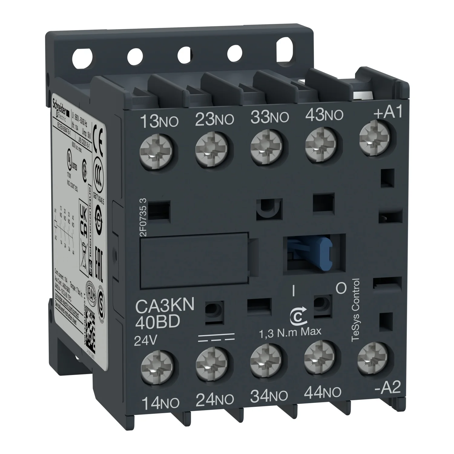 

TeSys K control relay - 4 NO - = 690 V - 24 V DC standard coil CA3KN40BD CA3-KN40BD