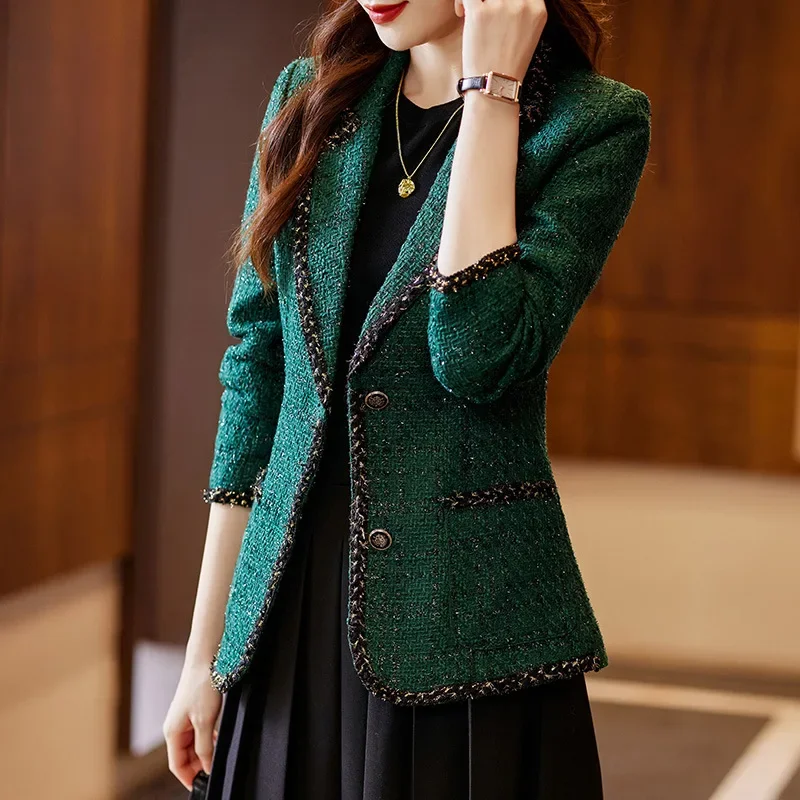 

Autumn Winter Ladies Casual Blazer Women Black Green Beige Plaid Jacket Female Long Sleeve Single Breasted Slim Coat