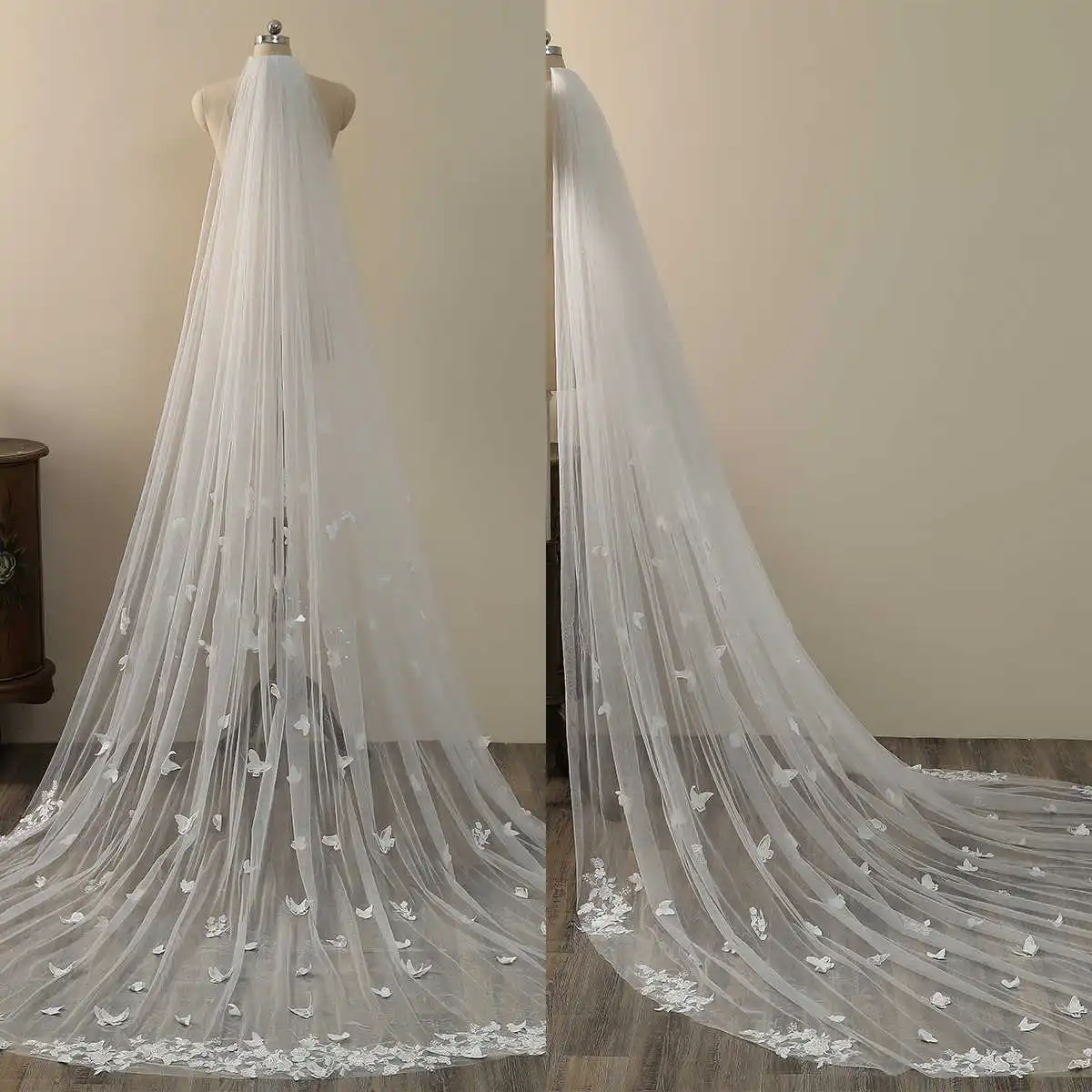 Elegant 3D Butterfly Appliques Wedding Veil 3M Long Special Cut Royal Bridal Veil with Comb Veil Wedding Accessories