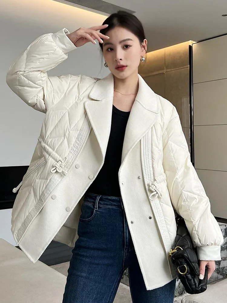 2023 Women New Korean Collar Folds Casual Vintage Down Coat Large Pockets Solid Color Original Down Coat