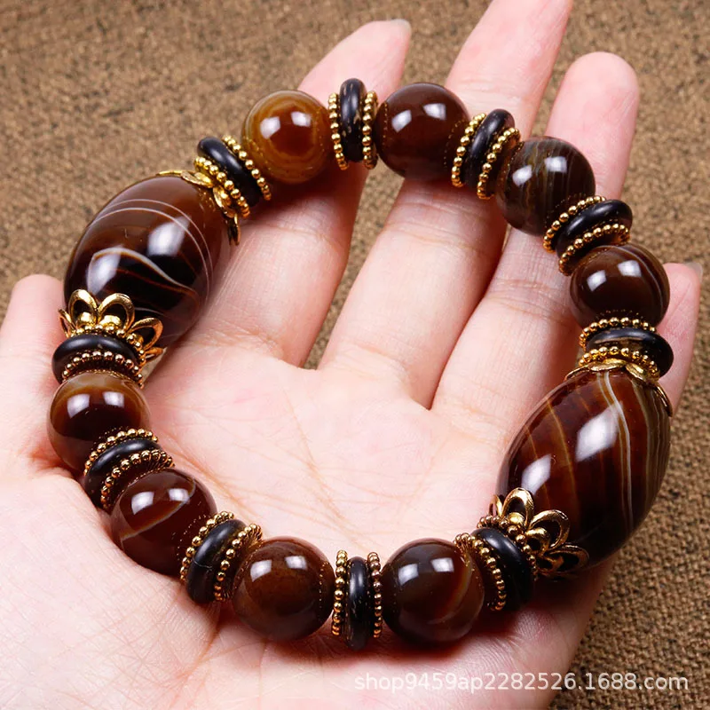 Silk-wrapped agate bracelet Animal year rock crystal Bead rosary retro jewelry men's Yuhuashi jade bracelet