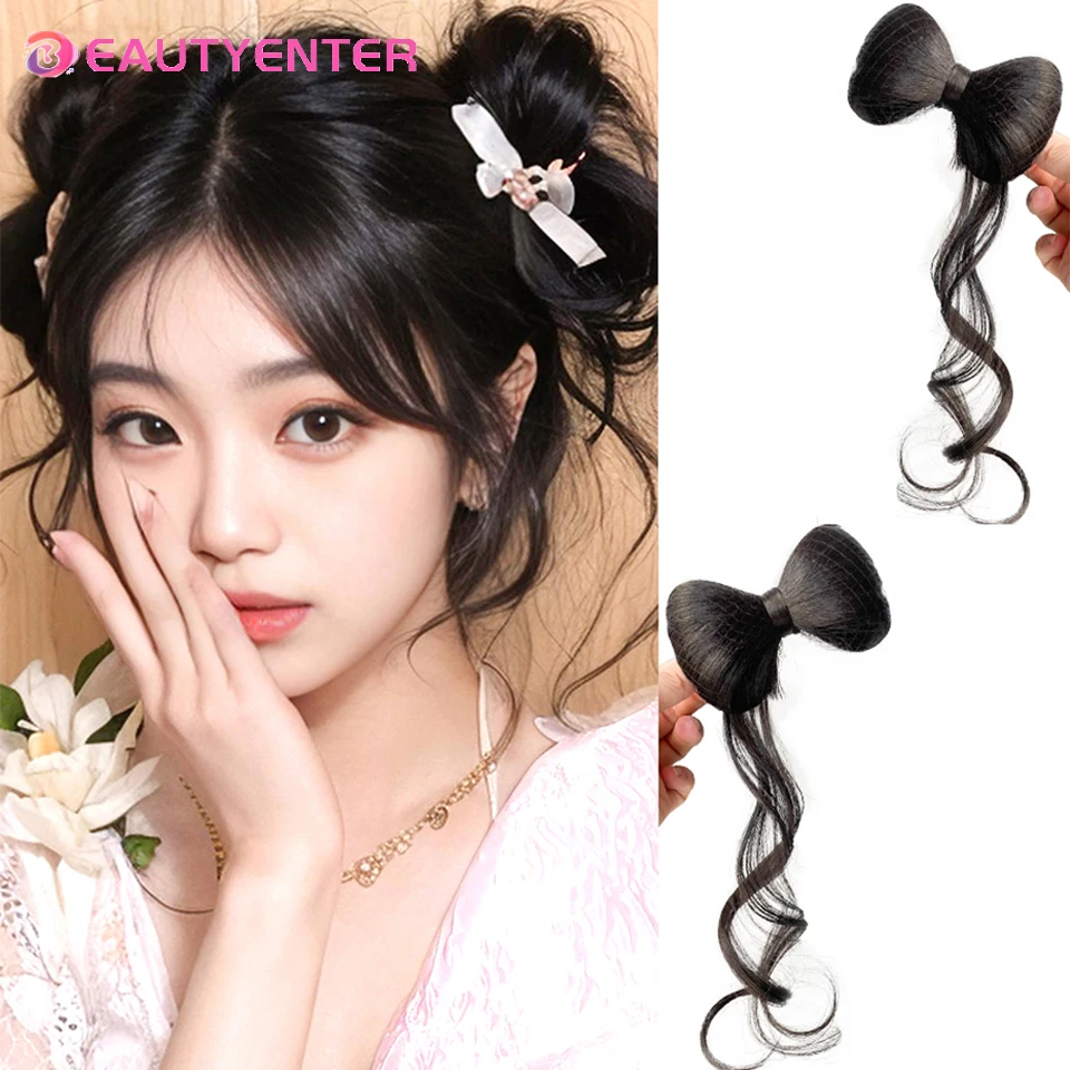 

BEAUTYENTER Bow Wig Hair Bag Fluffy Cute Coil Hair Artifact Hanfu Bun Ancient Style High Temperature Silk Accessories