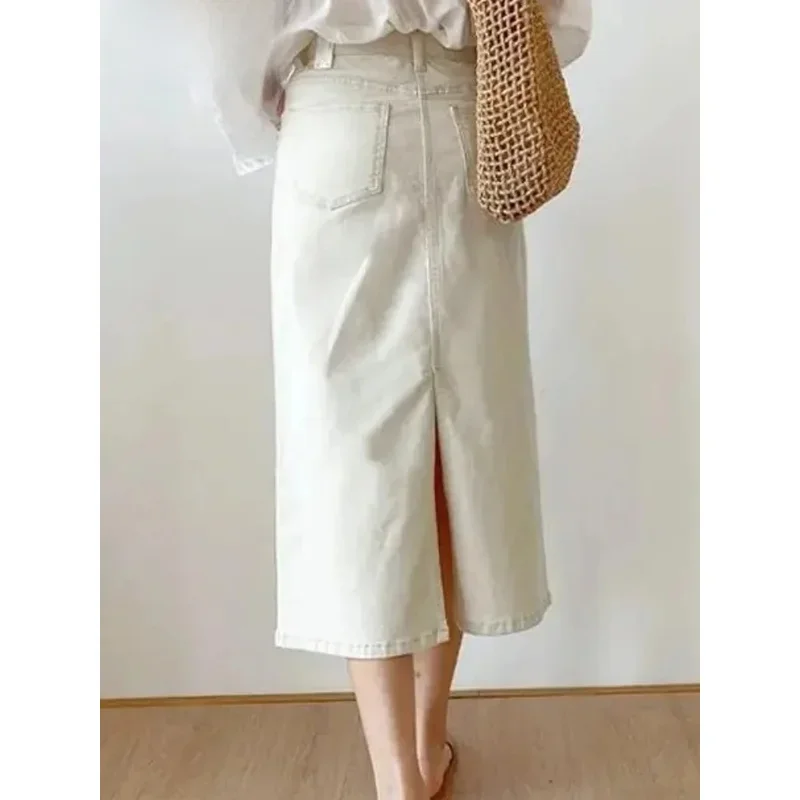 無地デニムロングスカート レディース ヴィンテージ カジュアル ハイウエスト スリット入り Aラインスカート 夏 2025 新作 シンプル Y2K スカート