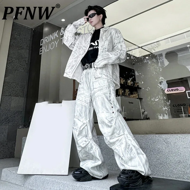 PFNW Men's Denim Set 2024 Autumn Metal Construction Spliced Lapel Design Jacket Male High Street Wide Leg Pants Trend 28W4774