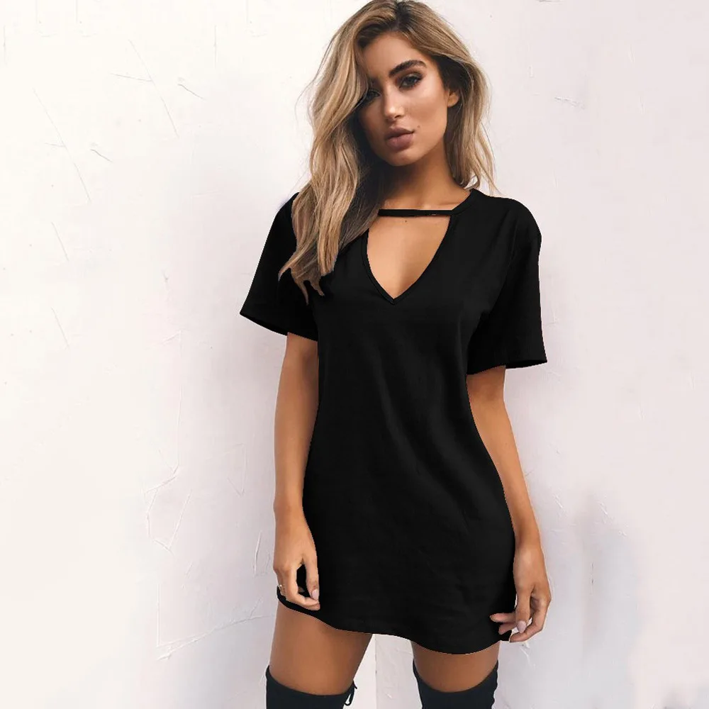 T-shirt Dress Women Summer V Neck Halter Short Sleeve Solid Loose Mini Dress YKDT801