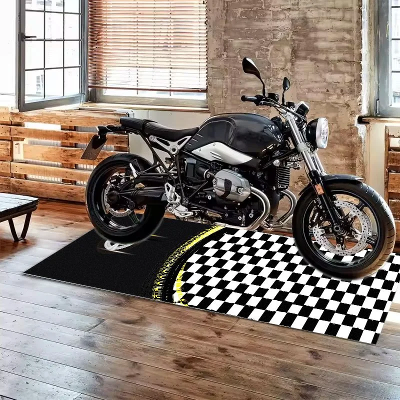 VIKAMA Checker Flag Wheel Graphic Pit Mat Racing Style Anti Slip Rug For Garage Motorbike Parking Workshop Display Carpet
