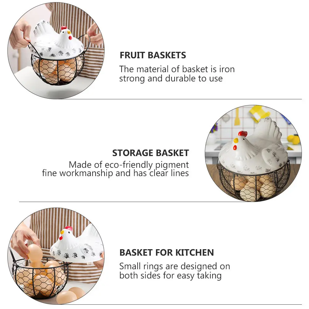

1Pcs Ceramic-Lid Hen Egg Basket Iron Construction for Kitchen Fruit Storage Snack Organizer Home Decoration Clear Lines Small
