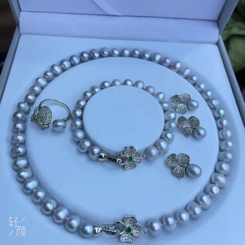 Freshwater Pearl Granny Gray Elegant Five-Piece Gentle and Graceful Optional Jewelry Set Multiple Styles