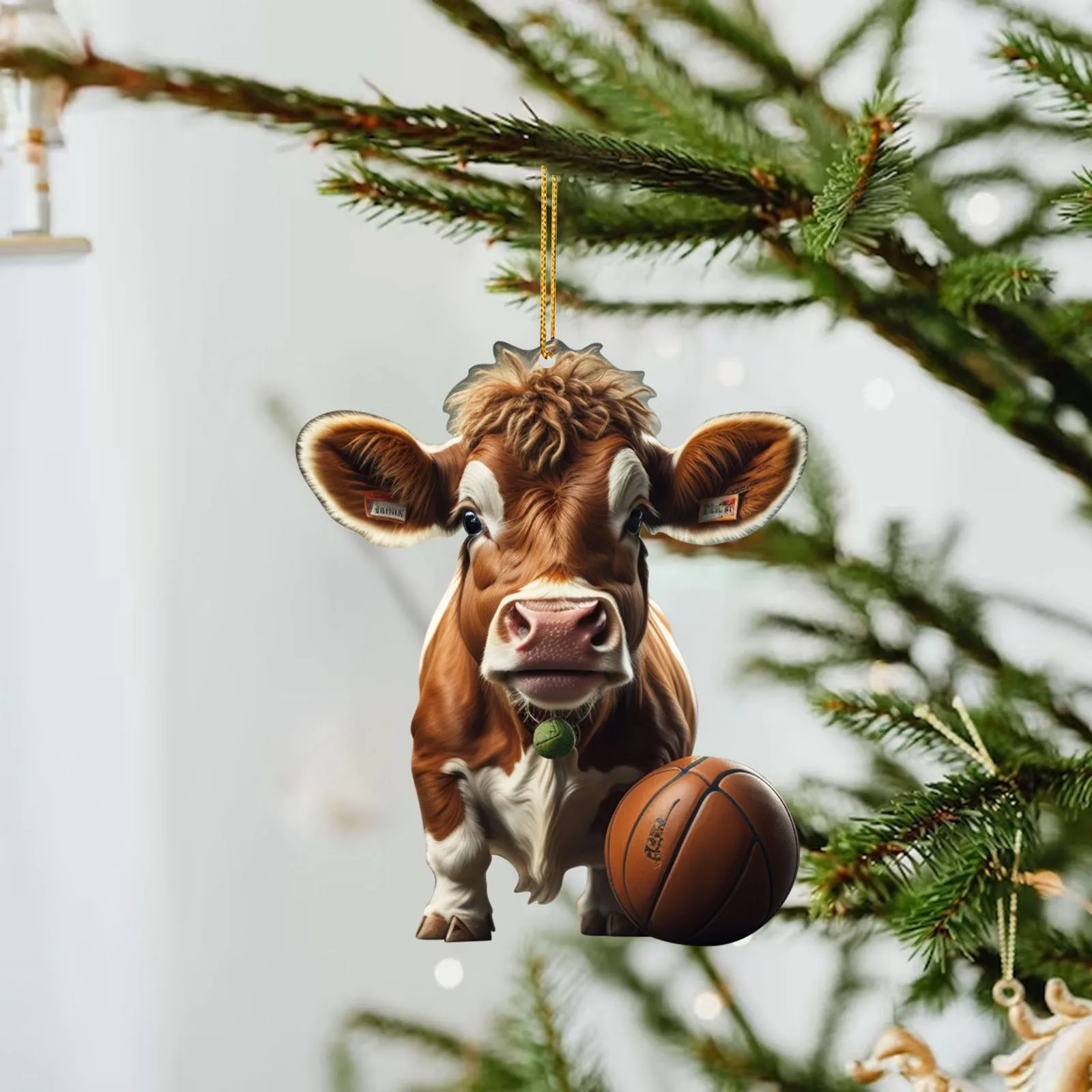 Sport Green Cow And Basketball Christmas Tree Hanging Pendants Acrylic Cute Cow Printed Christmas Ornaments 2023 Navidad Gift