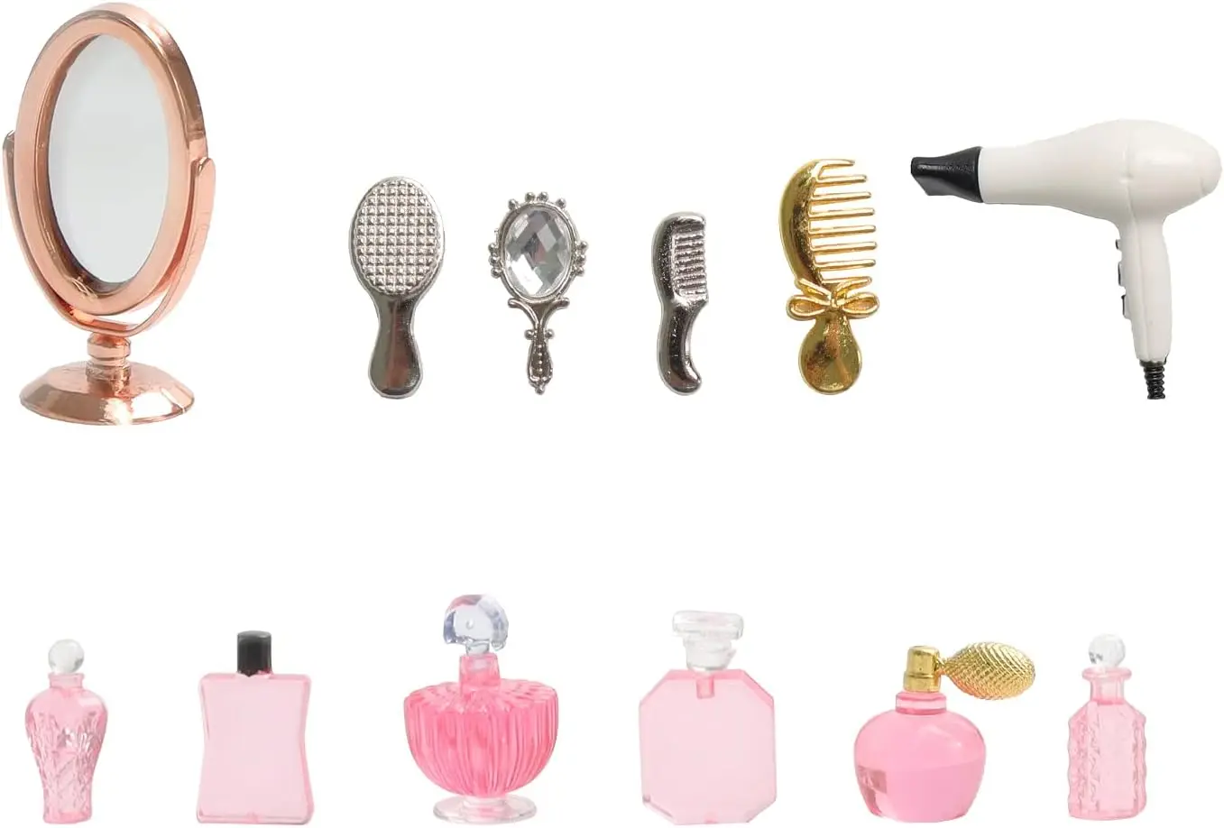 

1/12 Scale Mini Bathroom Accessories Set - 6 Perfume Bottles & Mirror Comb Set for Dollhouse Decor
