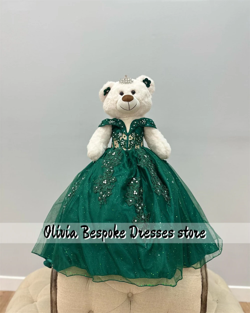 Remarkable Emerald Green Personalized Quinceanera Teddy Bear Dresses Beaded Lace Appliques Sweet Sixteen Bear Off The Shoulder