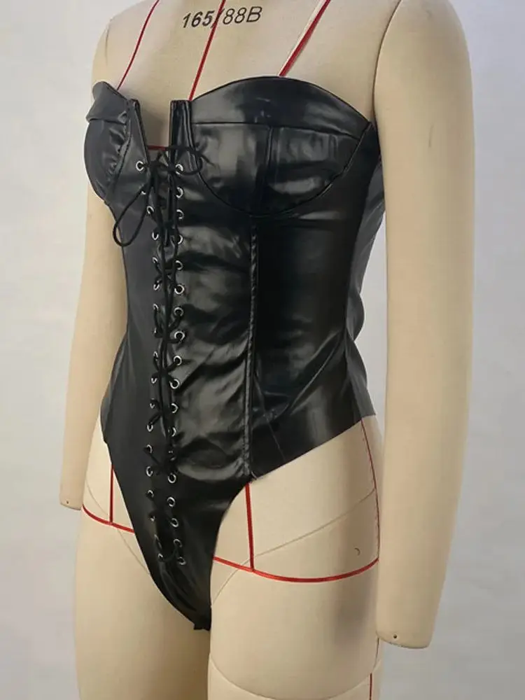 Strapless Eyelets Rivets Bandage PU Leather Catsuit High Cut Open Crotch Bodysuit Tights Sexy Body Teddies Swimsuit Leotard Tops