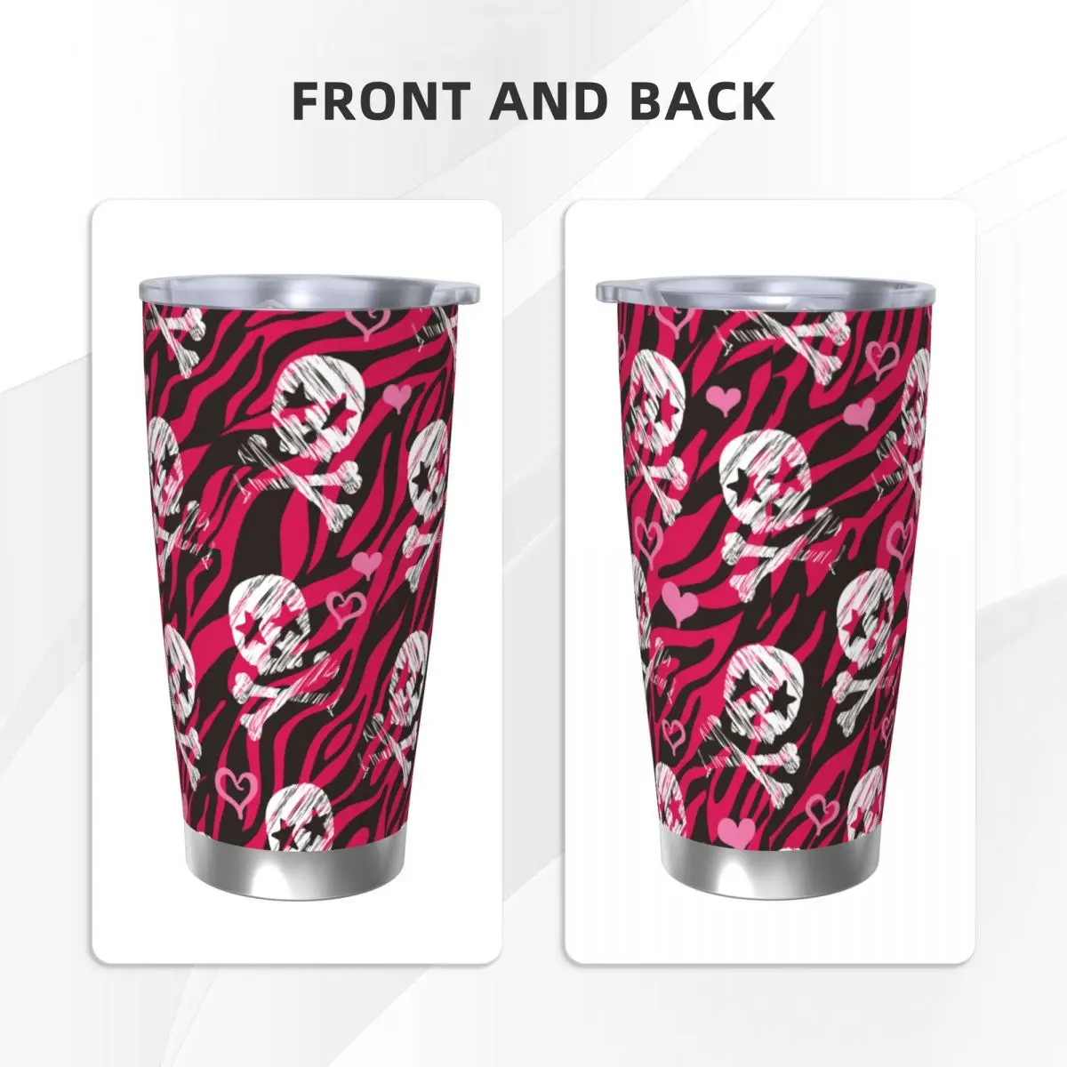 Grunge Zebra Star Skull Print Insulated Tumbler with Straws Lid Stainless Steel Thermal Mug Office Home Thermos Bottle Cup, 20oz