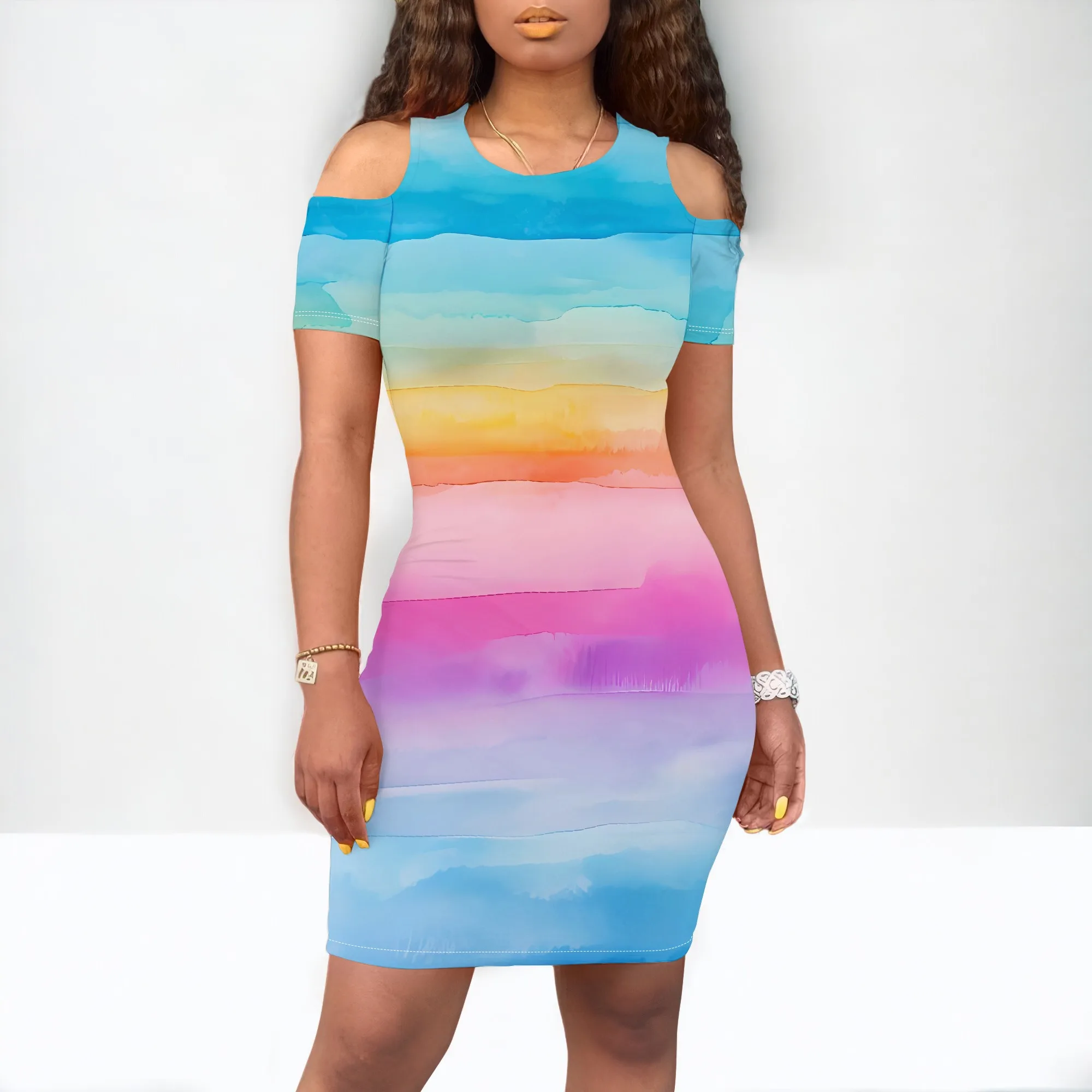 

EQQZD Short Sleeve Crewneck Wide Shoulder Strap Mini Dress, Modern Stylish Casual Tie-Dye Print Dress