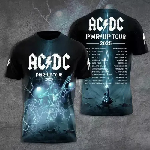 تي شيرت رياضي جديد 2025 مطبوع ثلاثي الأبعاد ACDC Power Up Tour 2025 إصدار محدود ثلاثي الأبعاد للرجال سريع الجفاف وجيد التهوية.