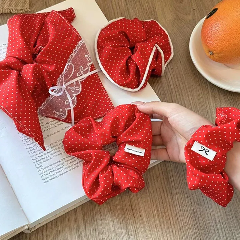 Homemade retro red polka dot large intestine hair band for high-end Christmas and New Year hairrope new hairaccessories headrope